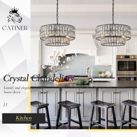 CATINER Black Crystal Chandelier 6-Lights Luxury Crystal Pendant Chandelier 20'' Drum Semi Flush Mount Ceiling Lights for Dining Room Foyer Living Room Bedroom Kitchen