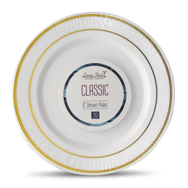 [60 Count - 6 Inch Plates] Laura Stein Designer Tableware Premium Heavyweight Plastic White Dessert Plates With Gold Border, Party & Wedding Plate, Classic Series, Disposable Dishes