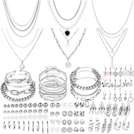 NEWITIN 69 Pieces Silver Jewelry Set for Women Fashion Costume Jewelry Silver Plated Necklace Bracelet Silver Earrings Set for Women