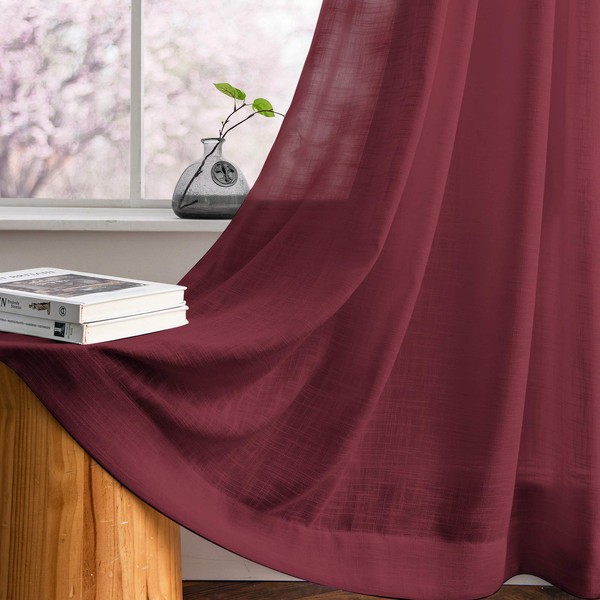 Melodieux Burgundy Linen Textured Semi Sheer Curtains 84 Inches Long for Living Room Bedroom Natural Flax Linen Rod Pocket Voile Drapes, 52 by 84 Inch (2 Panels)