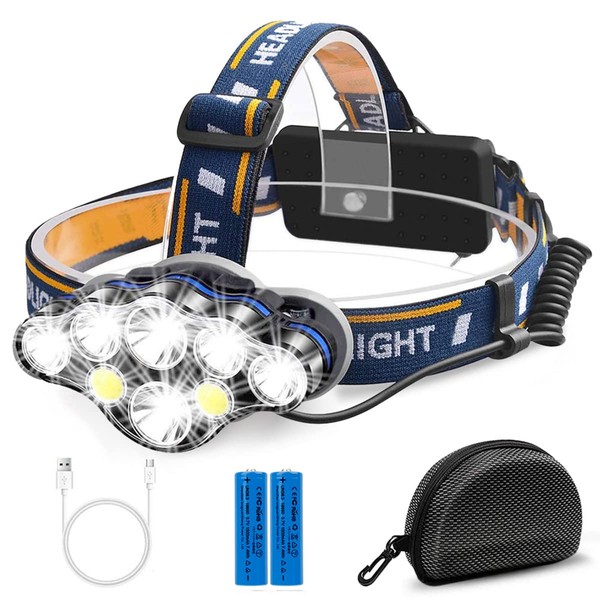 Headlamp, Ultra Powerful USB Rechargeable 18000 Lumens 8 LED 8 Modes Waterproof Headlamp with Warning Light for Outdoor Camping Hiking Fishing