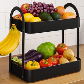 Sakugi Fruit Basket for Kitchen Counter - 2-Tier Metal Fruit Bowl with Movable Banana Hanger, Multi-Purpose Fruit Holder for Kitchen, Bathroom & Living Room, 8.9" D x 13.4" W x 14.0" H, Black