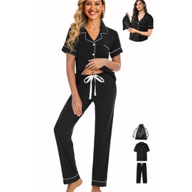 WJing Yi Jia Womens 3Pcs Pajamas Set Soft Pajama Sets Button Down Pjs Set Knit Sleepwear Lounge Sets with Long Pants XS-XXL