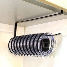 Tumbler Lid Organizer – Space-Saving Cup Lid Holder Under Cabinet, Horizontal Tumbler Lid Storage Hook Up to 10 Lids - Hanging Tumbler Lid Hook, Lid Hanger for Kitchen Storage and Organizer (Black)