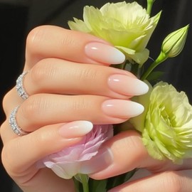 French White Ombre Nails Press on Nails 24PCS Gradient Almond Short False Nails Elegant French Tips Fake Nails for Women Durable Material with Accessory Tools