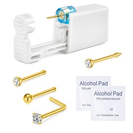 WillTen WillTen 6Pcs Nose Piercing Kit with Gold Nose Stud, 1Pack Nose Piercing Gun, Disposable Nose Piercing Kit with Straight L-Shape Nose Rings Stud White CZ Nose Piercings Gun Kit Tool