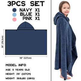 Hiturbo 3Pcs Kids Fleece Hooded Towel: Soft Plush Warm Blanket - 50"x30" Pool Beach Bath Swim Towel Wrap for 3-12 Yrs (Navy+Blue+Pink)