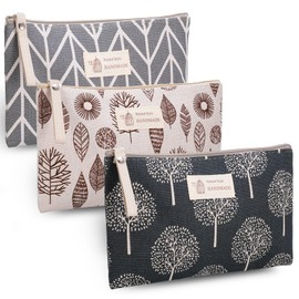 Firtink Canvas Cosmetic Bag, 3 PCS Small Make Up Bag, Printed Makeup Bag Pouch Multifunctional Travel Toiletry Bag with Zipper for Women and Girls Mothers Day Gifts