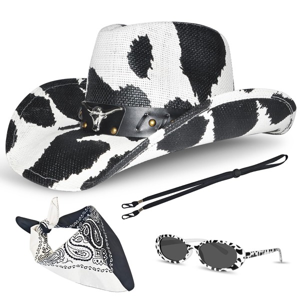 Cow Pattern Straw Cowboy Hat Western with Glasses and Scarves,