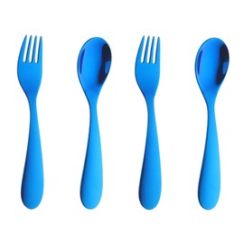 BISDARUN Toddler Cutlery Sets Stainless Steel Childrens Cutlery Set for Baby Metal Kids' Silverware 4 PCS 14.8CM/5.8 Inch Kid Spoons x 2, Child Forks x 2 (Blue)