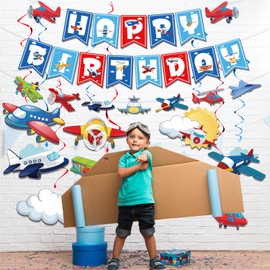 SKIRUP Aviator Themed Party Decoration Happy Birthday Banner and Garland,Cupcake Toppers Airplanes Hanging Swirl,Airplane Foil Balloons for Up Up and Away Party, Plane Theme Birthday Party