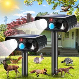 2Pack Deer Repellent Device Ultrasonic Animal Repellent Outdoor Solar Animal Repeller with LED Strober Light&Motion Sensor Cat Deterrent Outdoor to Scare Squirrel Raccoon Skunk Repellent for Yard