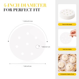 400-Count 4-Inch Mini Perforated Parchment Paper Sheets, Disposable Bamboo Steamer Liners for Dumplings, Buns, Dim Sum, Air Fryer & Microwave Safe, Non-Stick Food-Grade Cooking Sheets