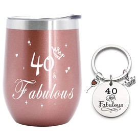 Edelstahl Kaffeebecher mit Gravur, 40. Geburtstag Geschenk für Frauen, 40&Fabulous Thermobecher, Inspirierend Geschenk für Frauen, Freundin, 350ml Roségold Kaffeetasse mit Schlüsselanhänger