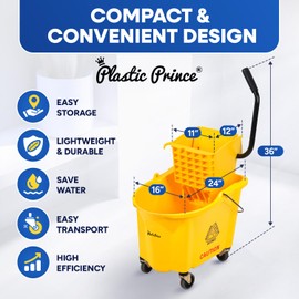 PLASTIC PRINCE 35-Quart Yellow Side-Press Mop Bucket and Wringer Combo on Wheels with Two Wet Floor Caution Signs for Commercial Use Perfect for Professional Industrial Business Household