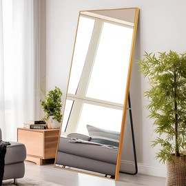 self Full Length Floor Mirror 65"×22" Metal Aluminum Alloy Frame Floor Mirror with Standing Holde Standing Hanging or Leaning Against Wall Mirror,Golden