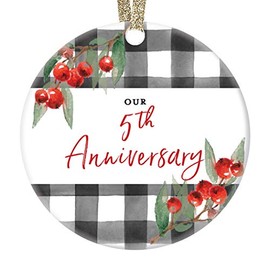DIGIBUDDHA 5th Wedding Anniversary Ornament Gift Christmas Five 5 Years Married Couple Holiday Present Fifth Year Wed Partner Wife Husband Spouse Keepsake 3" Flat Ceramic with Gold Ribbon & Free Box