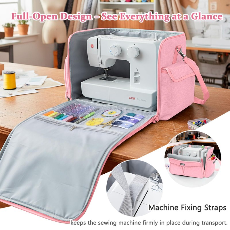 AMOIGEE Full-Open Sewing Machine Case with Wheels, Large Rolling Sewing