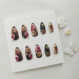 Medium Press on Nails Almond Fake Nails with Floral Designs Fall Winter Nails Press ons Glossy Nails Press ons Black Brown Acrylic Nails Cute False Nails Artificial Stick on Nails for Women 24Pcs
