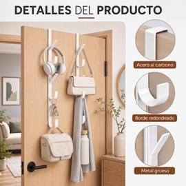 2PCS Perchero para Puerta, Gancho para Puerta, Con 5 Gancho, Blanco