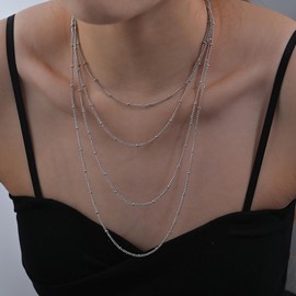 Inateannal Boho Layered Bead Chain Necklace Silver Long Station Necklace Chain Multilayer Chain Tassel Necklace Satellite Bead Choker Necklace Small Beaded Ball Necklace