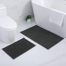 Homaxy Chenille Bathroom Rug Set 2-Piece Non-Slip Bath Mat Set Soft Absorbent Bath Mat Set Washable Bath Mat - 40 x 60 cm + 60 x 90 cm, Dark Grey