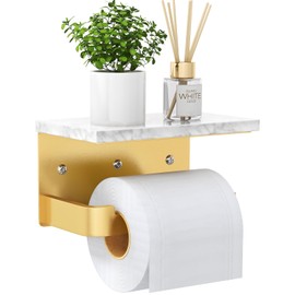 Gypie Toilet Paper Holder with Shelf, Extended Base Wall Mounted, Marble Toilet Roll Holder Black for Bathroom Washroom Gold