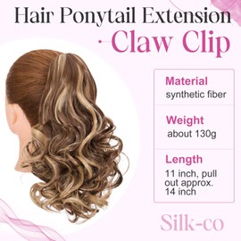 Silk-co 11" Short Curly Ponytail Extension Hair Pieces for Women Hair Extension Clip in Ponytail Hair Extensions Classic Natural Hair - Light Brown & Ash Blonde