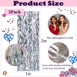 3pcs Glitter Silver Tinsel Backdrop, 1 * 2m Wave Foil Door Decoration, Shimmer Foil Party Fringe Curtain Tinsel Backdrop for Birthday, Hen Do, Bachelorette, Christmas Party