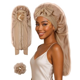 YANIBEST Silk Bonnet for Sleeping Women Satin Lined Braid Bonnet with Breathable Tie Band for Curly Hair Champagne