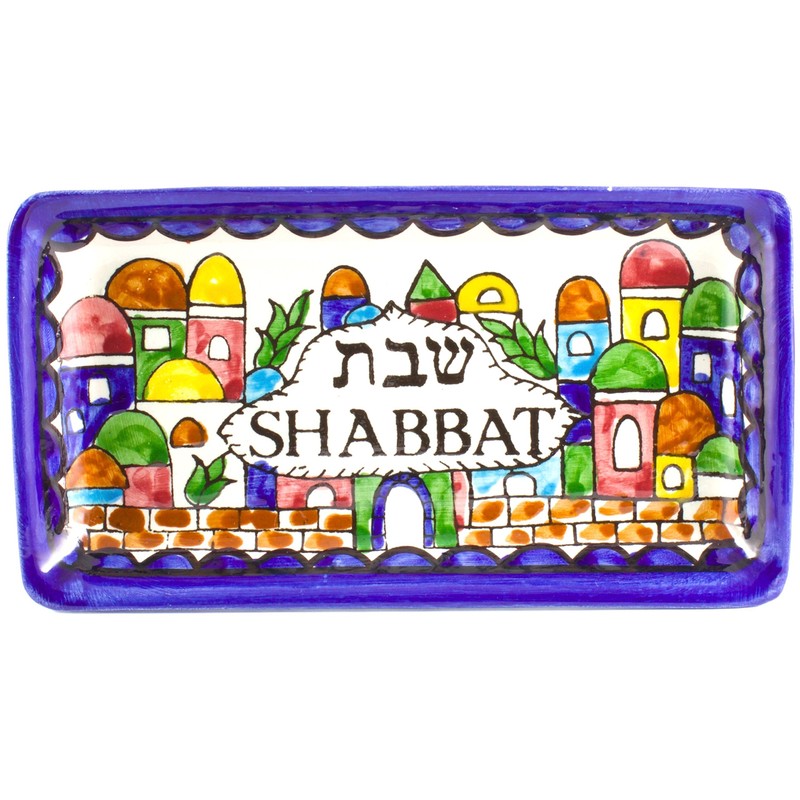 Armenian Ceramic Shabbat Candlesticks with Tray, Old City Scene