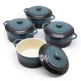 12oz Mini Cocotte, by Kook, Casserole Dish, Ceramic Make, Easy to Lift Lid, Gray, Set of 4,