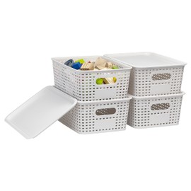 4 Pack Plastic Storage Baskets with Lids and Handles, Stackable Organizer Bins with lids for Shelves, Cabinets, Kitchen, Bathroom, Bedroom, and Classroom (White, 4PACK)