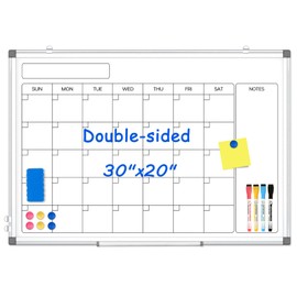 Monthly Calendar Dry Erase Whiteboard for Wall, 30" x 20" Double-Sided Large Calendar White Board, Magnetic Portable Hanging Board for Office, Home, School