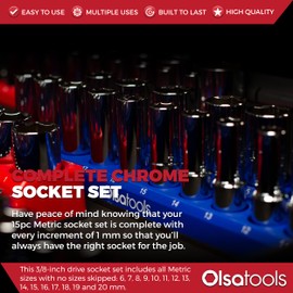 Olsa Tools Metric Socket Set (15pc) | 3/8-Inch Drive | 6-Point Shallow Socket Set | Metric Sizes from 6 mm to 20 mm | Mechanic Metric Socket Sets | Short Chrome Sockets | Professional Grade