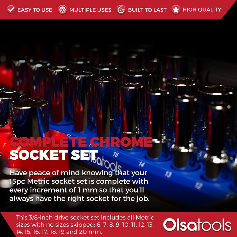Olsa Tools Metric Socket Set (15pc) | 3/8-Inch Drive |