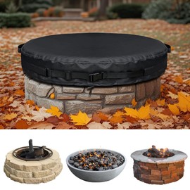 Round Fire Pit Cover 51-56 "Heavy Duty 600D Oxford Waterproof Outdoor Firepit Cover with Adjustable Buckle Strap for In-Ground Built-In Stone/Gas Fire Pits, Black (BLACK, 56)