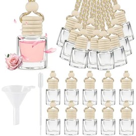 Hanging Car Air Freshener Diffuser Bottles 20 Pack, Empty Glass Essential Oil Pendants with Wooden Caps, Dropper and Funnel for Auto Decor