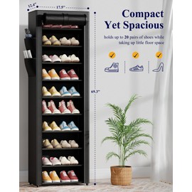 Kitsure Shoe Rack - 10-Tier Large Capacity Shoe Organizer Shelf with Dust Cover & Side Pockets, Rust-Proof Metal Shoe Rack for Closet, Entrance, Living Room, 17.5" x 12.4" x 69.3", Black