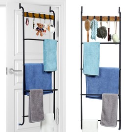 Over The Door Towel Rack, 5-Tier Towel Racks for Bathroom Door Hanging, Bathroom Back of Door Towel Bar, Door Blanket Holder for Clothes, Washcloths,Hand Towels, Black