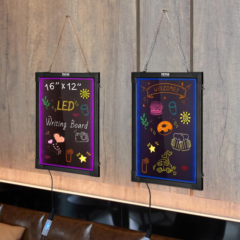 VEVOR LED Message Writing Board, 16"x12" Illuminated Erasable Lighted Chalkboard,