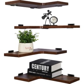 YYWUOJJ Corner Shelf Wall Mount, Corner Floating Shelves for Wall Decor Storage, Corner Bookshelf for Bedroom Living Room Bathroom Kitchen, Set of 4 Brown Heavy Duty