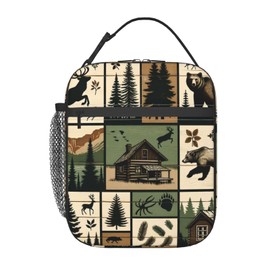 VODRM Rustic Bear Lunch Box for Kids,Deer Cabin Wildlife Vintage Insulated Bag for Student,Forest Retro Reusable Thermal Insulation Cooler Tote Bags for School Work Picnic Camping Outdoor,Gifts