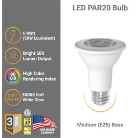 Diodesy- PAR20 LED Bulb Long Neck Flood Light 6W (50W Equivalent) 3000K Soft White Dimmable 500LM E26 Base Waterproof Spotlight for Indoor Outdoor Recessed Security Lighting ETL Listed Pack of 4