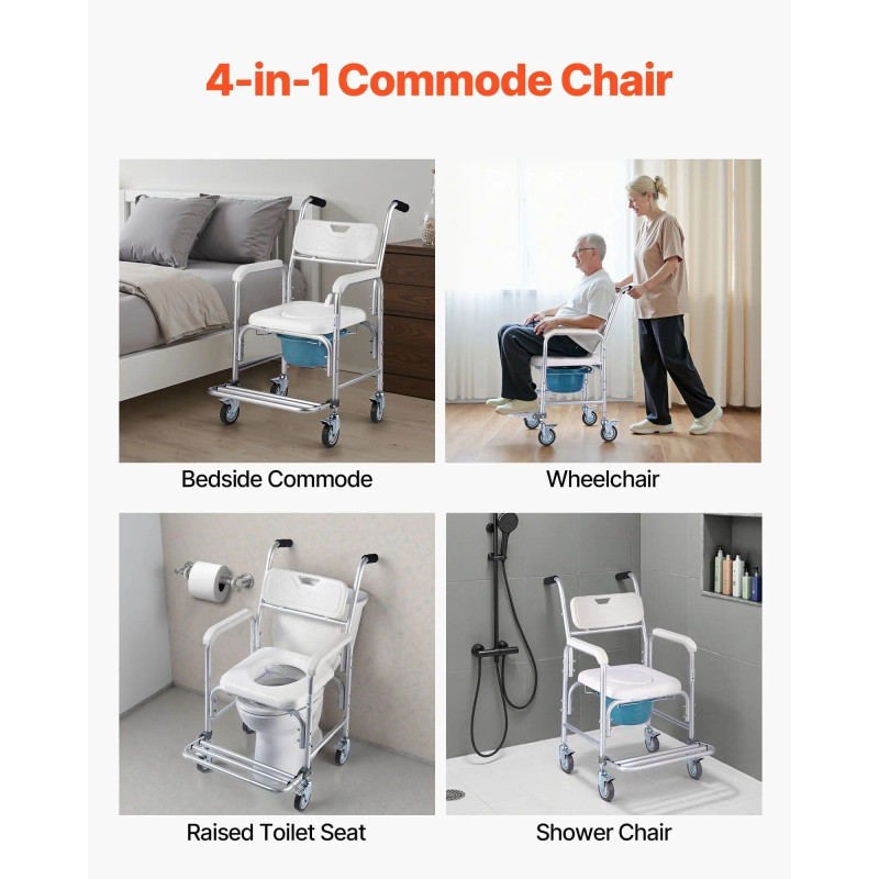 Hospital Chair Bedside Commode 350 Lbs Capacity 4 Wheels Raised