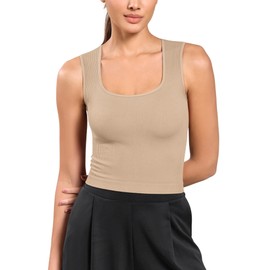 ODODOS Seamless Square Neck Tank for Women Ribbed Longline Crop Tops, Beige, Large