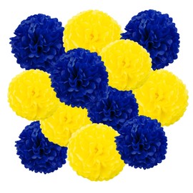 Yellow and Blue Tissue Pom Poms Paper Kit DIY Decorative Flowers Ball for Birthday Party Wedding Hanging Decorations Pack of 12 10in12in