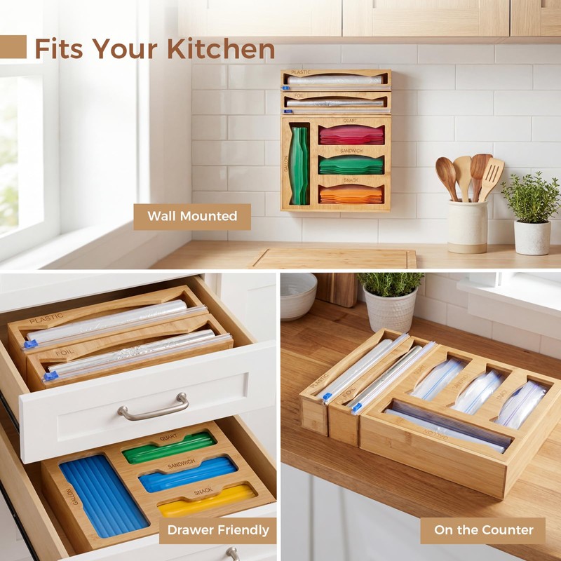 6 in 1 Storage Bag Organizer Kitchen Drawer, Bamboo Foil
