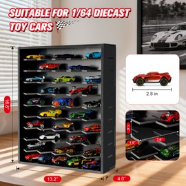 Krafetto Toy Car Display Shelf, Holds 50 Diecast 1/64 Toy Cars, Wall Mount Model Car Storage Organize Case, Desktop Toy Cars Garage (Black)