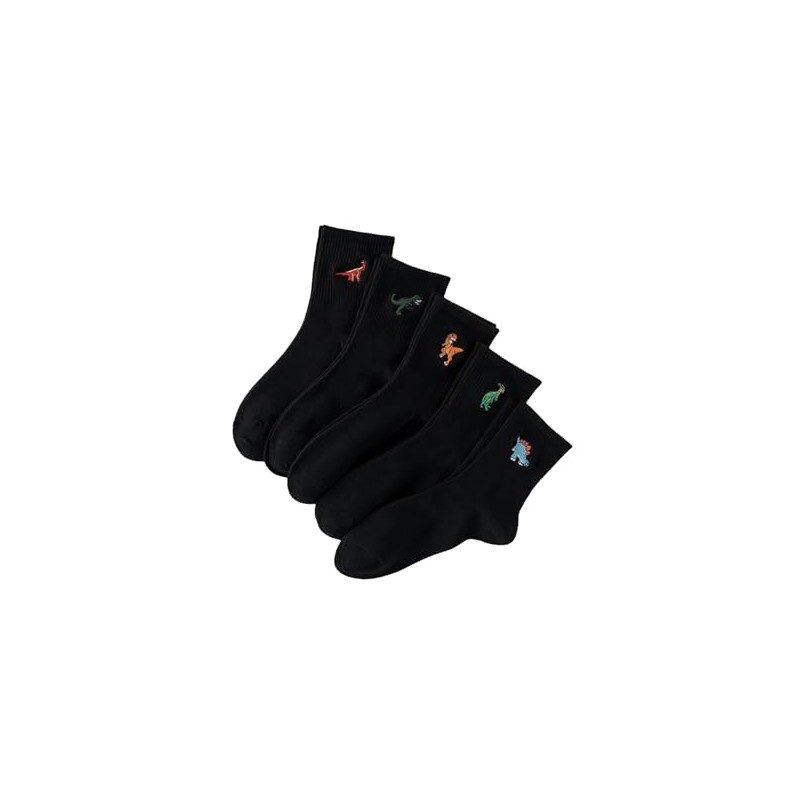 WDIRARA Men's 5 Pairs Dinosaur Embroidered Crew Socks Casual Cartoon